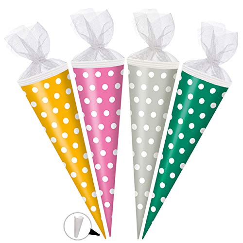 alles-meine.de GmbH 5 Stück Schultüten - bunter Farbmix - gelb/türkis/rosa/grau - Punkte weiß - 50 cm - rund - mit Tüllabschluß - Zuckertüte - Rohling - Bastelschultü.. von alles-meine.de GmbH