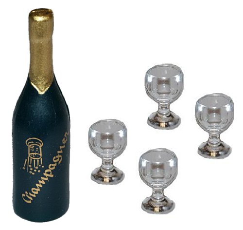 alles-meine.de GmbH 5 TLG. Set: Miniatur Champagner Flasche + 4 Gläser - für Puppenstube Maßstab 1:12 - Flasche Champagnergläser Puppenhaus Sekt Puppenküche von alles-meine.de GmbH