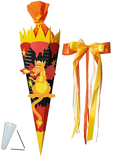 alles-meine.de GmbH BASTELSET Schultüte - Drache mit Feuer - 85 cm - incl. großer Schleife - mit/ohne Kunststoff Spitze - Zuckertüte - Set zum selber Basteln - 6 eckig/schwar.. von alles-meine.de GmbH