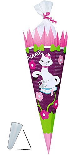 alles-meine.de GmbH BASTELSET Schultüte - Katze mit Blumen - 85 cm - incl. Namen - mit/ohne Kunststoff Spitze - Zuckertüte zum selber Basteln - 6 eckig Mädchen Maus Tiere K.. von alles-meine.de GmbH