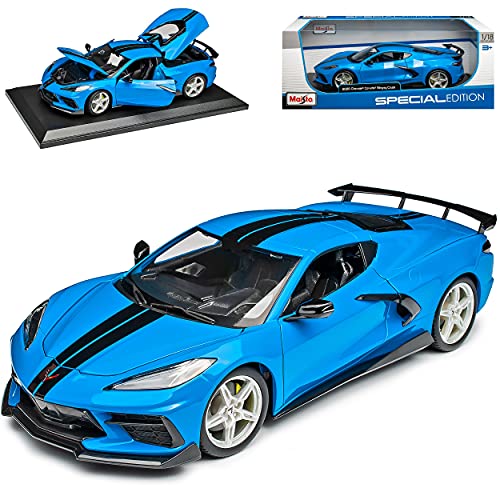 alles-meine.de GmbH Chevrolet Chevy Corvette C8 Singray Coupe Hell Blau mit Streifen in Schwarz Ab 2020 1/18 Modell Auto mit individiuellem Wunschkennzeichen von alles-meine.de GmbH