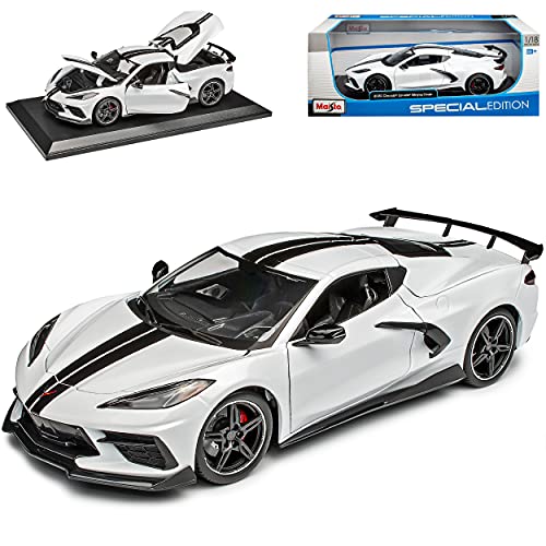 alles-meine.de GmbH Chevrolet Chevy Corvette C8 Singray Coupe Weiss mit Streifen in Schwarz Ab 2020 1/18 Modell Auto mit individiuellem Wunschkennzeichen von alles-meine.de GmbH