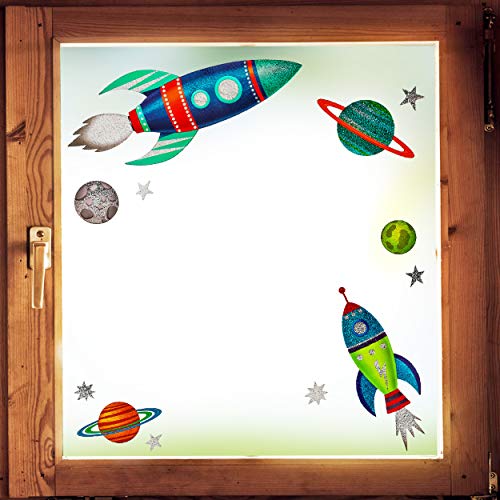 alles-meine.de GmbH Fensterbilder Motivwahl 3 * 12 TLG. Set - Fensterbilder - Glitzer - Motivwahl - Rakete - Planeten & Weltall - statisch haftend - selbstklebend + wiederverw.. von alles-meine.de GmbH