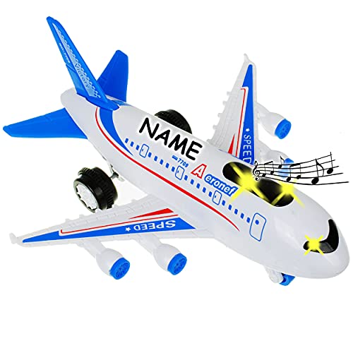 alles-meine.de GmbH Flugzeug - Sound/Geräusche - Musik + Licht - mit Schwungrad Antrieb - inkl. Name - 18 cm - blau - bewegliche Räder - zum Aufziehen & Fahren/Aufziehfahrzeu.. von alles-meine.de GmbH
