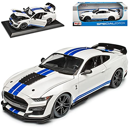 alles-meine.de GmbH Ford Shelby Mustang GT500 Snake VI Coupe Weiss mit Streifen in Blau Modell Ab 2014 Version Ab 2020 1/18 Modell Auto mit individiuellem Wunschkennzeichen von alles-meine.de GmbH