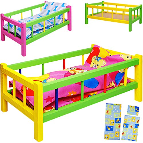 alles-meine.de GmbH Holz Puppenbett - 43 cm lang - mit Bettwäsche - Mädchen & Jungen Farben - für große & kleine Puppen - Matratze Decke & Kopfkissen - Kinderbett Baby - Puppe - .. von alles-meine.de GmbH