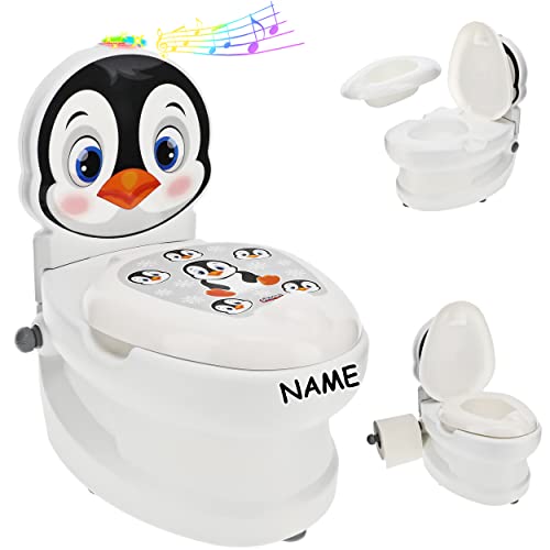 alles-meine.de GmbH Kindertoilette/Töpfchen Spülgeräusch + Licht Pinguin - inkl. Name mit Wasserspülung Sound - Nachttopf/Babytopf - mit Deckel - weiß - Musik - Toilett.. von alles-meine.de GmbH