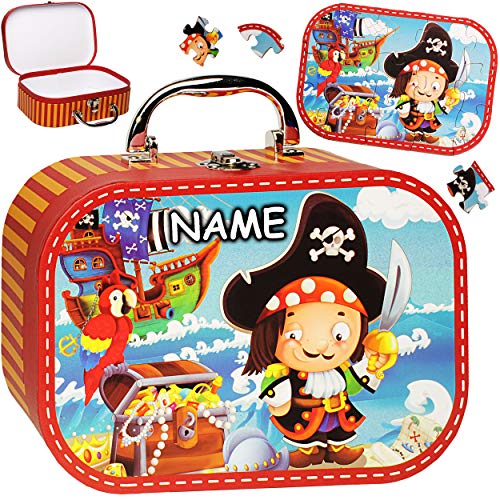 alles-meine.de GmbH Koffer/Kinderkoffer + Puzzle - 20 Teile - Pirat & Piratenschiff - inkl. Name - 23 cm - GROß - Pappkoffer - Puppenkoffer - Kinder - Pappe Karton - Schatzkoff.. von alles-meine.de GmbH