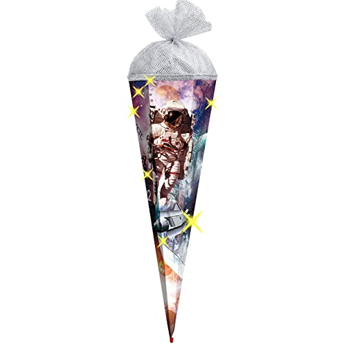 alles-meine.de GmbH LED Licht Effekt ! - Schultüte - Weltraum Astronaut - Space/Galactica - 85 cm - 6 eckig - Silber Glanz - Tüll Abschluß - mit Holzspitze - Zuckertüte -.. von alles-meine.de GmbH
