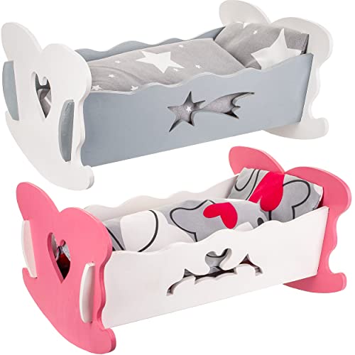 Puppenbett/Puppenwiege - aus Holz - mit Bettzeug - 37 cm lang - inkl. Name - Wiegenset - Holzwiege aus Buntem Naturholz - Herz Bett - Puppen klein groß Zub.. von alles-meine.de GmbH