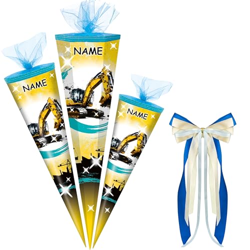 alles-meine.de GmbH Schultüte - Bagger & Baustelle - 50-85 cm - Größe wählbar - inkl. Name + Bänder Schleife - Zuckertüte - Tüll Abschluß - eckig/rund - klein & groß - Gesche.. von alles-meine.de GmbH