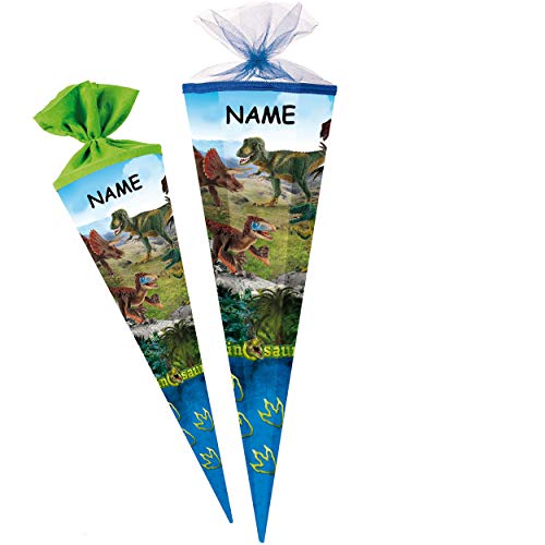 Schultüte - Dinosaurier - Dinosaurs/Dino - 85 cm - eckig - incl. Name - Tüllabschluß - Zuckertüte - mit/ohne Kunststoff Spitze - Nestler - Jungen - Ty.. von alles-meine.de GmbH