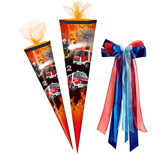 alles-meine.de GmbH Schultüte - Feuerwehr - Feuerwehrmann & Feuerwehrauto - 50 cm - rund - incl. große Schleife - mit Tüllabschluß - Zuckertüte - mit/ohne Kunststoff Spitze.. von alles-meine.de GmbH