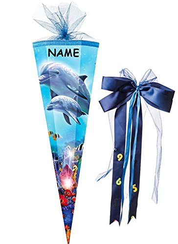 alles-meine.de GmbH Schultüte Größenwahl Delfin Familie/Fische - 100 cm - eckig - incl. Namen und große Schleife - Tüllabschluß - Zuckertüte - mit/ohne Kunststoff Spitze .. von alles-meine.de GmbH