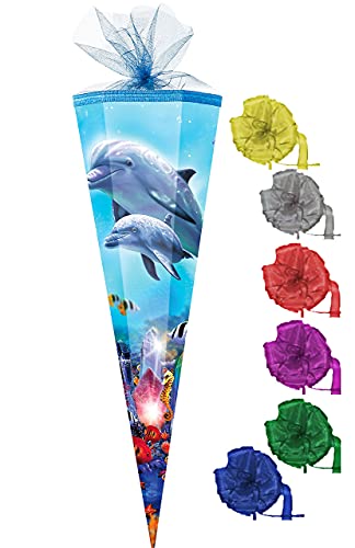 alles-meine.de GmbH Schultüte Größenwahl Delfin Familie/Fische - 100 cm - eckig - incl. Schleife - Tüllabschluß - Zuckertüte - mit/ohne Kunststoff Spitze - für Mädchen & .. von alles-meine.de GmbH