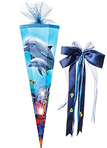 alles-meine.de GmbH Schultüte Größenwahl Delfin Familie/Fische - 100 cm - eckig - incl. große Schleife - Tüllabschluß - Zuckertüte - mit/ohne Kunststoff Spitze - für Mädc.. von alles-meine.de GmbH