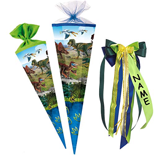 alles-meine.de GmbH Schultüte Größenwahl Dinosaurier - Dinosaurs/Dino - 100 cm - eckig - incl. individueller großer Schleife - mit Namen - Tüllabschluß - Zuckertüte - mit.. von alles-meine.de GmbH