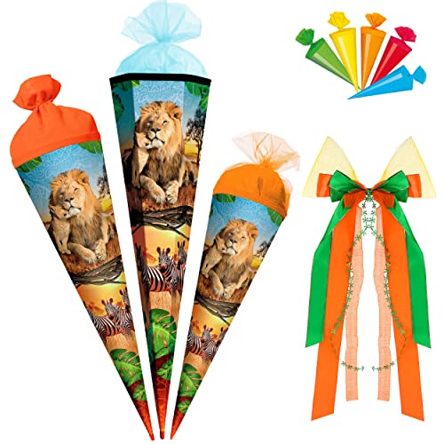 alles-meine.de GmbH Schultüte - Löwe & Zootiere 35-85 cm Größe wählbar mit/ohne Holzspitze - Zuckertüte - inkl. Schleife + 5 kleine Zuckertüten - Zuckertüte - Tüllabsch.. von alles-meine.de GmbH