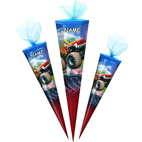 alles-meine.de GmbH Schultüte - Monster Truck - Auto/Geländewagen - 85 cm - 6 eckig - incl. Name - Tüllabschluß - Zuckertüte - mit/ohne Kunststoff Spitze - Markneukirchen - J.. von alles-meine.de GmbH