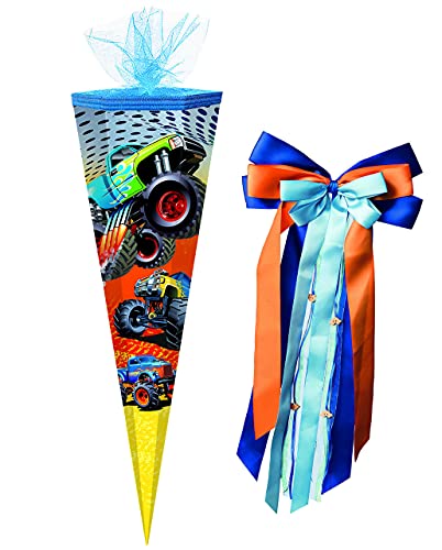 alles-meine.de GmbH Schultüte - Monster Truck - Auto - 70 cm - rund - incl. große Schleife - Tüllabschluß - Zuckertüte - mit/ohne Kunststoff Spitze - Markneukirchen - für J.. von alles-meine.de GmbH