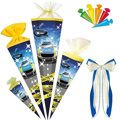 alles-meine.de GmbH Schultüte - Polizei Auto & Helikopter 35-85 cm Größe wählbar inkl. Schleife + 5 kleine Zuckertüten - Zuckertüte - Tüllabschluß/Filzabschluß - eckig .. von alles-meine.de GmbH
