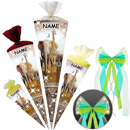 alles-meine.de GmbH Schultüte - Safari/Zoo & Dschungel Tiere 35-85 cm Größe wählbar inkl. Name + LED LICHT - Schleife - Zuckertüte - Tüllabschluß/Filzabschluß - eckig.. von alles-meine.de GmbH