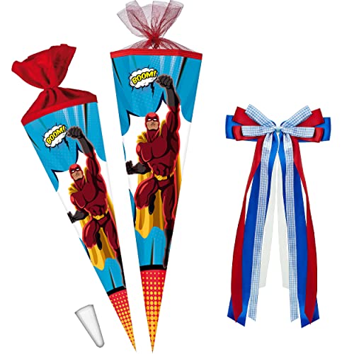 alles-meine.de GmbH Schultüte - Superhero - Superheld 70-85 cm Größe wählbar + Kunstoff Spitze + Schleife - Tüllabschluß/Filzabschluß - eckig/rund - Jungen - klein & .. von alles-meine.de GmbH