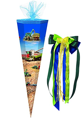 alles-meine.de GmbH Schultüte - Traktor/Landmaschinen - 50 cm - rund - incl. große Schleife - mit Tüllabschluß - Zuckertüte - mit/ohne Kunststoff Spitze - für Jungen/Mä.. von alles-meine.de GmbH