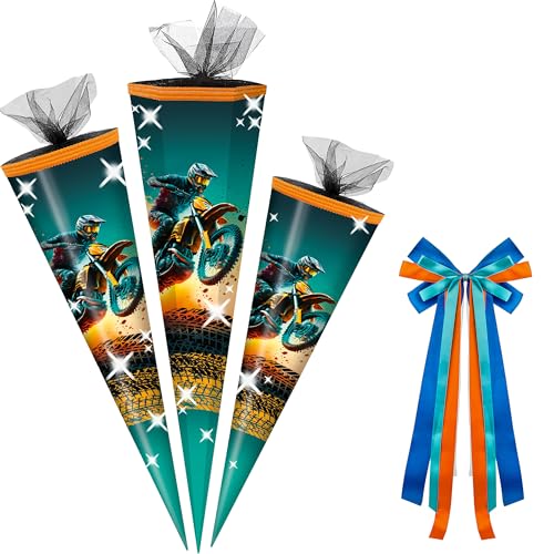 alles-meine.de GmbH Schultüte - mit 3D Glitzer - Effekt ! - BMX Motocross - Motorrad - 50-85 cm - Größe wählbar - inkl. Bänder Schleife - Zuckertüte - Tüll Abschluß - eckig/r.. von alles-meine.de GmbH