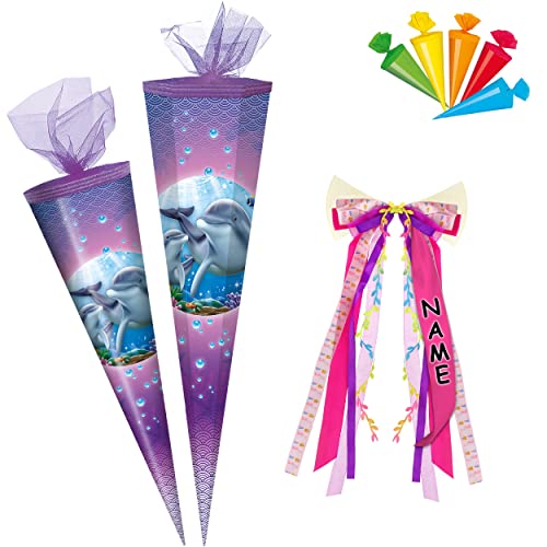 alles-meine.de GmbH Schultüte - mit 3D Glitzer - Effekt ! - Delfin & Fische - 50-85 cm - Größe wählbar - inkl. Name + Bänder Schleife + 5 kleine Zuckertüten - Zuckertüte - Tüll.. von alles-meine.de GmbH