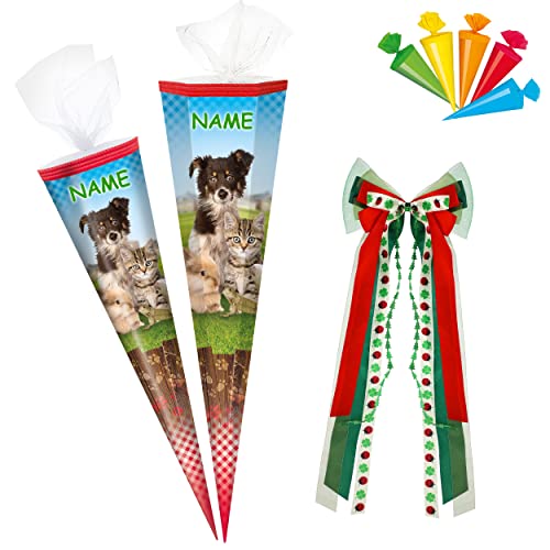 alles-meine.de GmbH Schultüte - mit 3D Glitzer - Effekt ! - Haustiere - Hund & Katze - 50-85 cm - Größe wählbar - inkl. Name + Bänder Schleife + 5 kleine Zuckertüten - Zuckertü.. von alles-meine.de GmbH