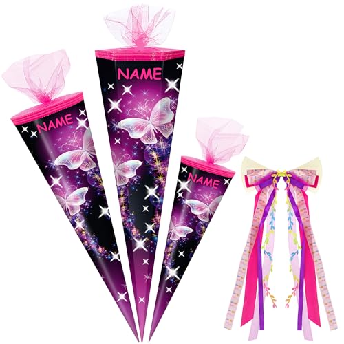 alles-meine.de GmbH Schultüte - mit 3D Glitzer - Effekt ! Schmetterling & Sterne 50-85 cm Größe wählbar inkl. Name + Bänder Schleife - Zuckertüte - Tüllabschluß - eckig.. von alles-meine.de GmbH