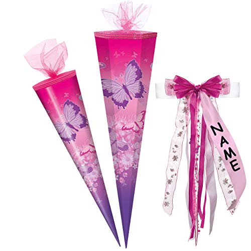 alles-meine.de GmbH Schultüte - mit 3D Glitzer - Effekt ! - Schmetterlinge & Blumen - rosa - pink - 50-85 cm - Größe wählbar - rund - incl. individueller - großer Schleife .. von alles-meine.de GmbH