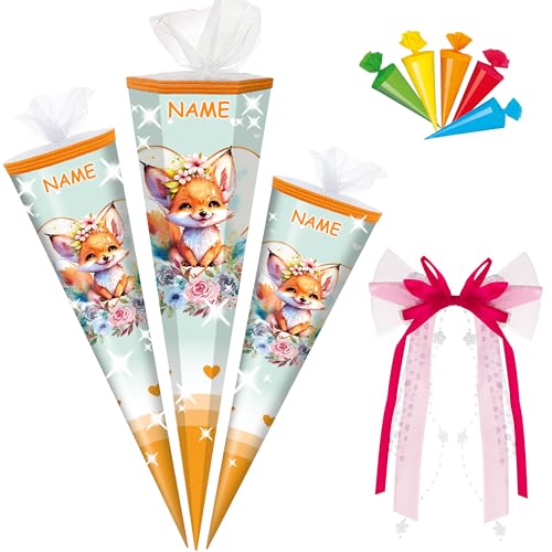alles-meine.de GmbH Schultüte - mit 3D Glitzer - Effekt ! - süßer Fuchs - 50-85 cm - Größe wählbar - inkl. Name + Bänder Schleife + 5 kleine Zuckertüten - Zuckertüte - Tüll Abs.. von alles-meine.de GmbH