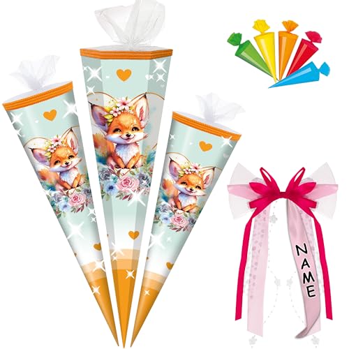 alles-meine.de GmbH Schultüte - mit 3D Glitzer - Effekt ! - süßer Fuchs - 50-85 cm - Größe wählbar - inkl. Name + Bänder Schleife + 5 kleine Zuckertüten - Zuckertüte - Tüll Abs.. von alles-meine.de GmbH