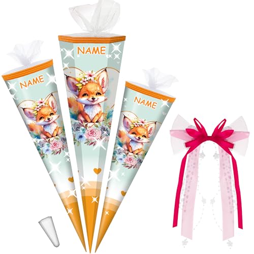 alles-meine.de GmbH Schultüte - mit 3D Glitzer - Effekt ! - süßer Fuchs - 50-85 cm - Größe wählbar - inkl. Name - + Kunstoff Spitze + Schleife - Tüll Abschluß - eckig/rund - .. von alles-meine.de GmbH