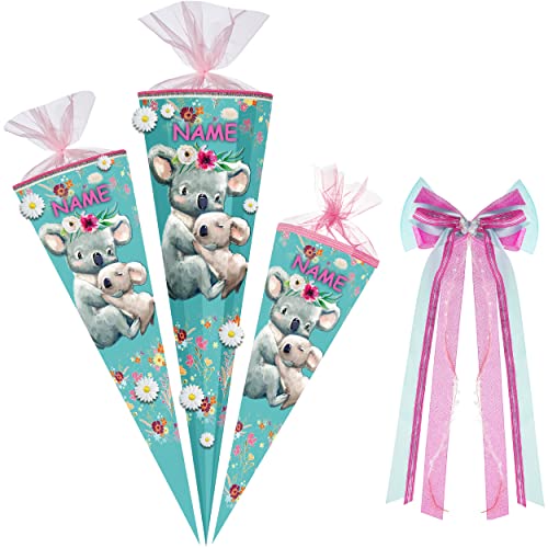 alles-meine.de GmbH Schultüte - mit 3D Stoff - Blüten & Glitzer ! - süße Koala Familie - 35-85 cm - Größe wählbar - inkl. Name + Bänder Schleife - Zuckertüte - Tüllabschluß - F.. von alles-meine.de GmbH