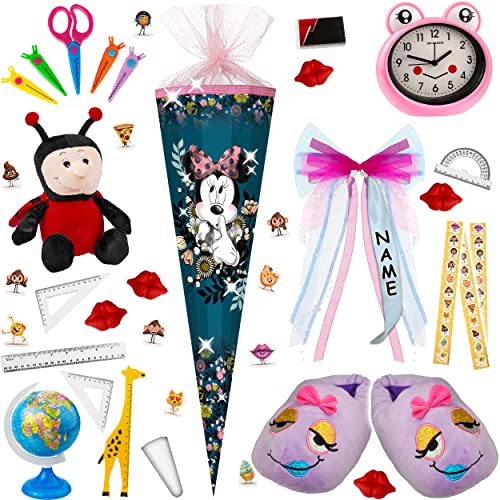 alles-meine.de GmbH Schultüte mit Glitzer - Effekt ! - Minnie Mouse 35-85 cm Größe wählbar inkl. komplette Füllung + Name + Bänder Schleife + Kunststoff Spitze - Zuck.. von alles-meine.de GmbH
