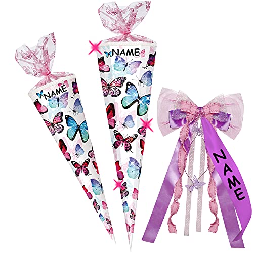 alles-meine.de GmbH Schultüte - mit Glitzer - Effekt ! - Schmetterling - bunt - 35-100 cm -Größe wählbar 12 eckig - incl. Name und individueller großer 3D Effekt - Schleife - O.. von alles-meine.de GmbH