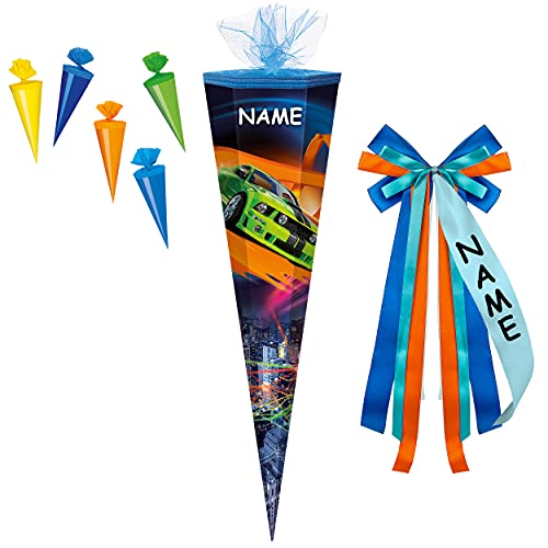 alles-meine.de GmbH Set Schultüte + 5 kleine Zuckertüten - Auto - Rennauto/Sportwagen - 85 cm - 6 eckig - incl. Name und individueller großer Schleife - Tüllabschluß - Zucker.. von alles-meine.de GmbH