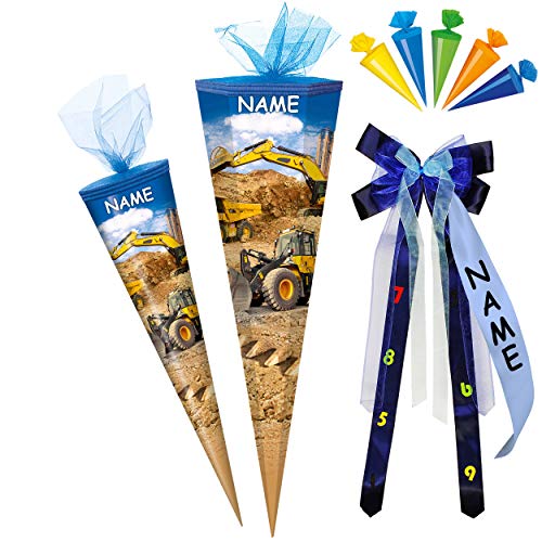 alles-meine.de GmbH Set Schultüte + 5 kleine Zuckertüten - Baufahrzeuge - Bagger - Kran & Baustelle - 85 cm - eckig - incl. Name und individueller großer Schleife - Tüllabs.. von alles-meine.de GmbH