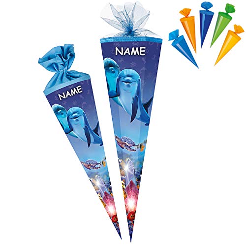 alles-meine.de GmbH Set Schultüte - mit 3D Glitzer - Effekt ! + 5 kleine Zuckertüten - Delfin - Fische Unterwasser - 22-85 cm - Größe wählbar - rund - incl. Name - Filzabschl.. von alles-meine.de GmbH