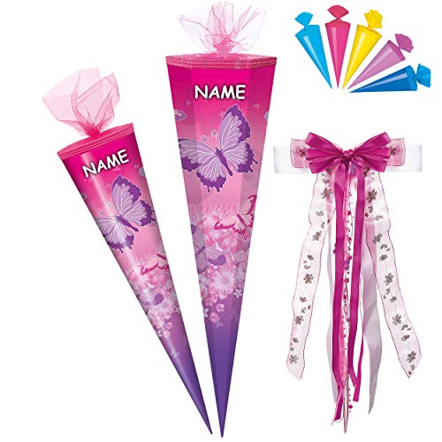 alles-meine.de GmbH Set - Schultüte - mit 3D Glitzer - Effekt ! + 5 kleine Zuckertüten - Schmetterlinge & Blumen - rosa - pink - 50-85 cm - Größe wählbar - rund - incl. NAM.. von alles-meine.de GmbH