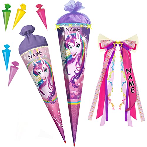 alles-meine.de GmbH Set mit Glitzer ! - Schultüte + 5 kleine Zuckertüten - Einhorn/Regenbogen Unicorn - 35-100 cm - Größe wählbar - mit Holzspitze - 6 eckig - incl. Name un.. von alles-meine.de GmbH