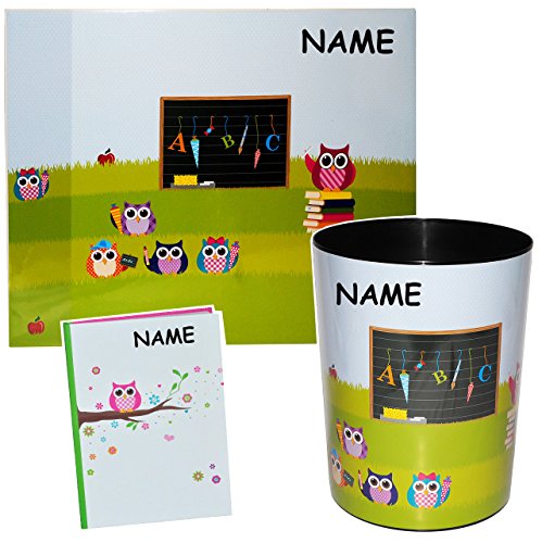 alles-meine.de GmbH Set: Eulen - Schreibtischunterlage + Papierkorb + Notizbuch - incl. Name - 50 cm * 39 cm - für Jungen & Mädchen - Kinder/Eule Schulanfang Schultüte/Schrei.. von alles-meine.de GmbH