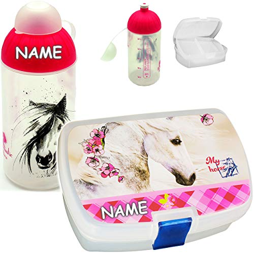 alles-meine.de GmbH Set: Lunchbox/Brotdose + Trinkflasche - Pferde & Blumen - inkl. Name - BPA frei - mit Einsatz/herausnehmbaren Fach - Brotbüchse Küche Essen - Mädchen .. von alles-meine.de GmbH