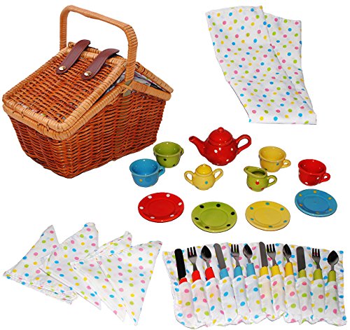 alles-meine.de GmbH Set: Picknickkorb - Teeservice & Kaffeeservice - Bunte Punkte - Geschirr aus Porzellan/Keramik - Puppengeschirr - 33 TLG. Picknick-Korb/Picknick Körbc.. von alles-meine.de GmbH