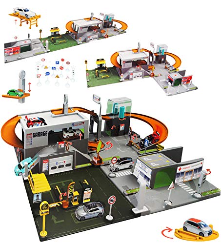 alles-meine.de GmbH Set: XL 3-D Spielmatte - Straße mit Parkhaus - UMBAUBAR - 4 Teile mit Brücke - 1/64 - Tunnel - Tankstelle - Feuerwehrstation - Krankenstation - Waschanlag.. von alles-meine.de GmbH