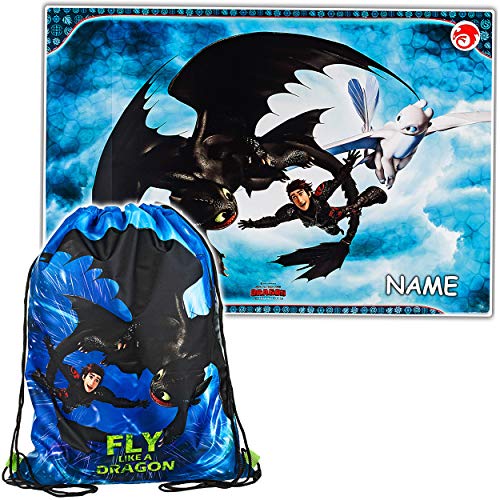 alles-meine.de GmbH Set: große - Schreibtischunterlage + Beutel - Dragons - Drachenzähmen leicht gemacht - inkl. Name - Malbeutel/Maltasche - Unterlage - 60 cm * 40 cm - abwisc.. von alles-meine.de GmbH