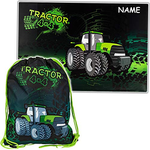 alles-meine.de GmbH Set: große - Schreibtischunterlage + Beutel - grüner Traktor - inkl. Name - Malbeutel/Maltasche - Unterlage - 60 cm * 40 cm - abwischbar - Schreibunterlage .. von alles-meine.de GmbH